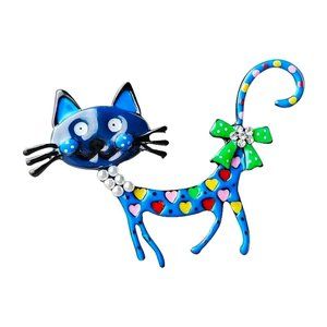 Fun Blue Cat Enamel Rhinestone Brooch Pin Stylish Kitty Whimsical Heart Bow Love